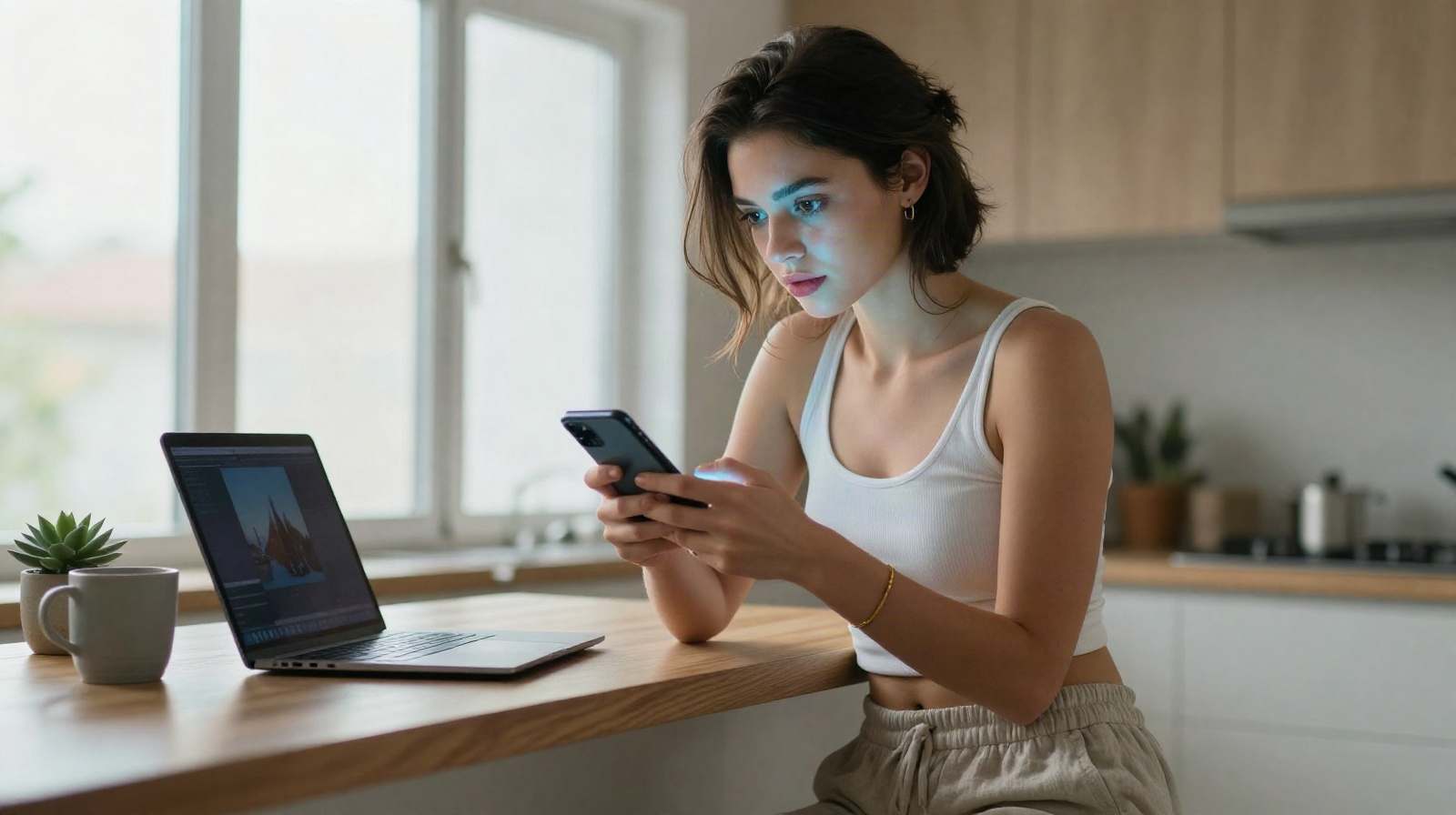Женщина внимательно изучает смартфон рядом с открытым ноутбуком на кухонной стойке — оценка надежности источников адресов
